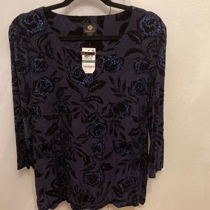 JM COLLECTION Women’s Top Ladies Navy Blue Velvet Floral Glitter 3/4 sleeve NWT